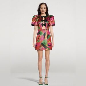 Rebecca Vallance Copacabana Bow Mini Dress in a geometric metallic print